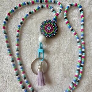 Beaded lanyard 23 inches in black, blue, pink, purple, white